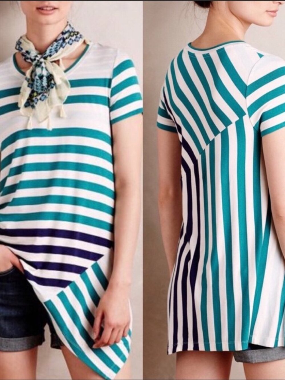 Little Yellow Button Women's Teal Navy Striped Asymmetrical Tunic Top Medium